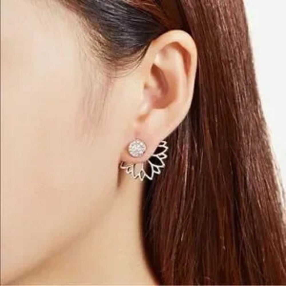 Silver Rhinestone Lotus Flower Earrings